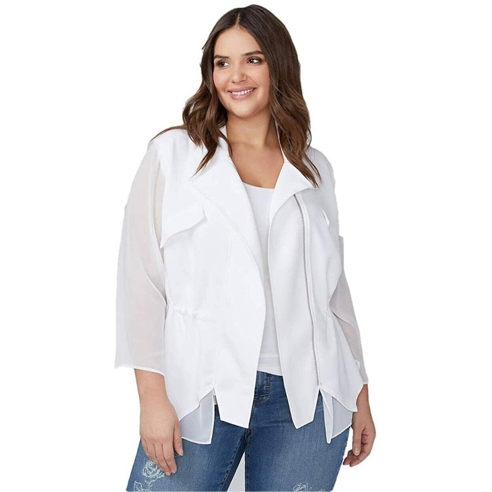 NWT Lane Bryant Jacket Sz 28 White Zip 3/4 Sleeve Sheer Sleeve Cinch Waist‎ NEW